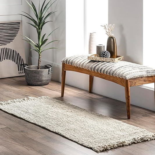 Nuloom Daniela Off-White, 2'6" x 10', Handmade, Jute, Tassel, Soft and Textured, High Traffic, Stain Resistant, Easy Clean, Durable Runner for Bedroom, Living Room, Dining Space, Foyer, Entryway