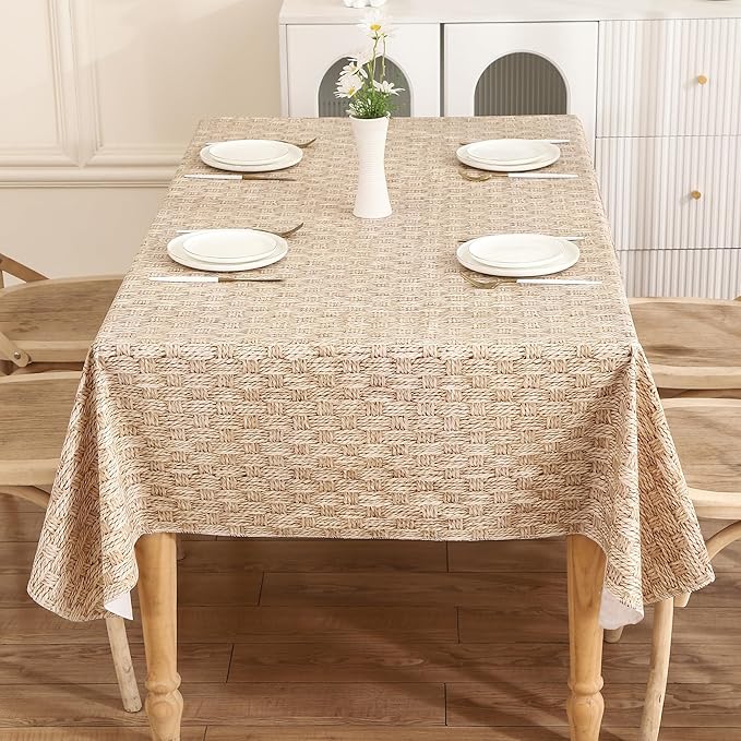 Walrus Heavy Duty Vinyl Tablecloth with Flannel Backing Waterproof Oil-Proof Plastic Table Cloth Stain-Resistant Wipeable Rectangle or Square Table Cover for Indoor and Outdoor (Weave, 52X70 Inch)
