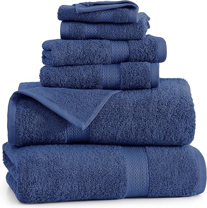 LANE LINEN 100% Cotton Bathroom Towel Set - 6 Pieces - Ring Spun, Super Soft & Highly Absorbent - 2 Bath, 2 Washcloths, 2 Hand Towels for Bathroom - Minimal Lint & Fading, Pre Shrunk - Navy Blue