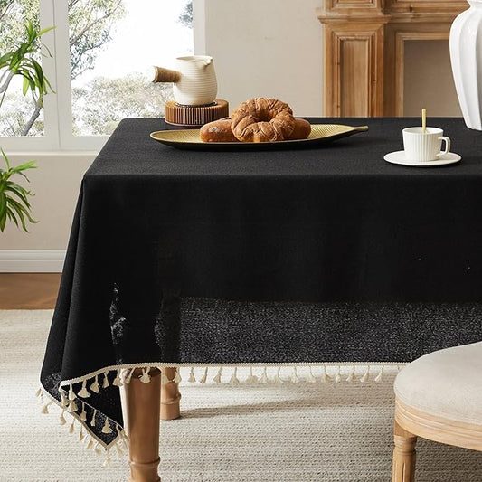 Linen Tablecloth with Tassels, Farmhouse Style Black Tablecloth, Water Resistant Burlap Tablecloths for Rectangle Table, 60x104 Inch Black