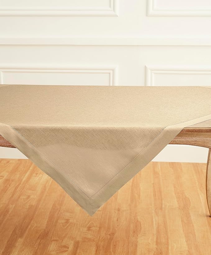 Solino Home Linen Square Tablecloth 52 x 52 Inch - 100% Pure Linen Beige Table Throw - Classic Hemstitch, Machine Washable Table Cloth