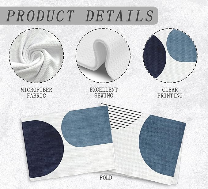 Boho Navy Blue Line Kitchen Towels and Dishcloths Set of 2, Boho Bohemian Dish Towels, Boho Absorbent Decorative Blue Hand Towels for Bathroom Kitchen, 16×24 Inches