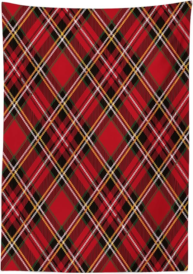 Ambesonne Retro Tablecloth, Diagonal Traditional Vintage Scottish Tartan Pattern Striped Checkered Geometric Tile, Rectangular Table Cover for Dining Room Kitchen Decor, 52" X 70", Scarlet Black