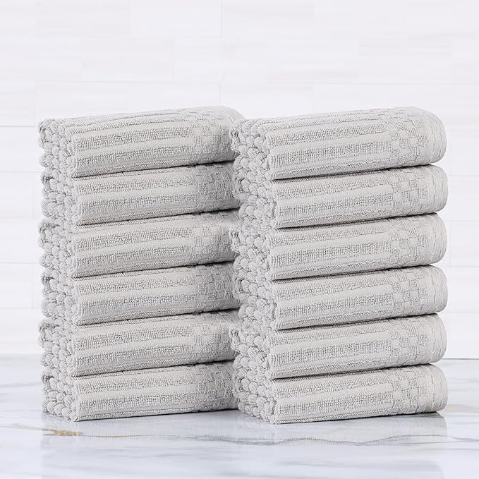 Superior Cotton Face Towel/Washcloth Set of 12, Daily Use for Bathroom, Guest Bath, Quick Dry Small Towels, Face, Hand, Gym, Spa, Hotel, Absorbent, Essentials, Ribbed, Soho Collection, Silver