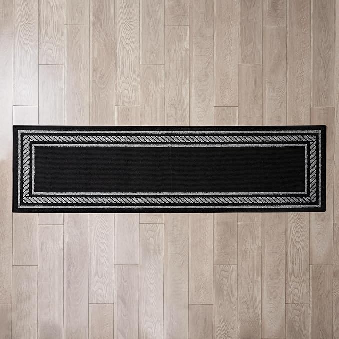 Nautica – Runner Rug | Indoor Runners for Hallways and Entry Rugs| Non-Slip and Non-Skid Entry and Kitchen Door Mat| Machine Washable Entryway Carpet Rugs | 2'2" x 8'| Rope Border Black