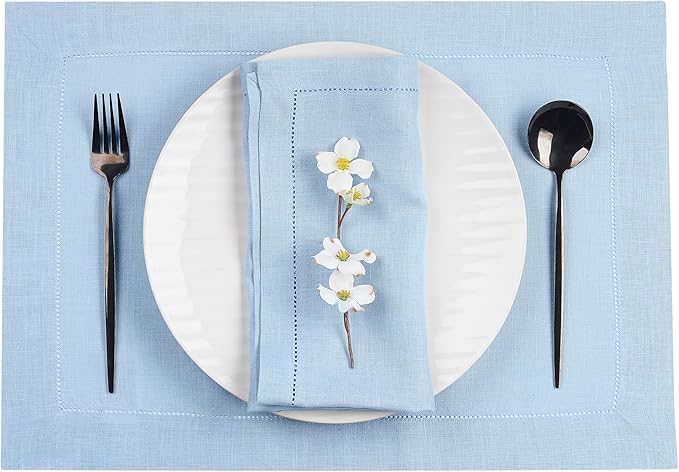 D'Moksha Homes Powder Blue Linen Cloth Placemats Set of 4-100% Pure Linen Hemstitch Placemats 14 x 19 Inch - Classic Hemstitch Table Place Mats for Christmas - Handcrafted and Machine Washable