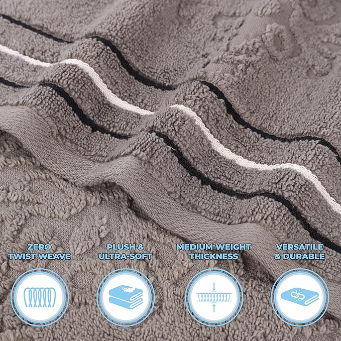 Superior Cotton 6 Piece Towel Set, 2 Bath, 2 Hand, 2 Washcloth/Face Towels, Quick Dry, Home Essentials, Shower, Spa, Luxury Plush Soft Absorbent Towels, Zero-Twist, Jacquard Floral, Charcoal