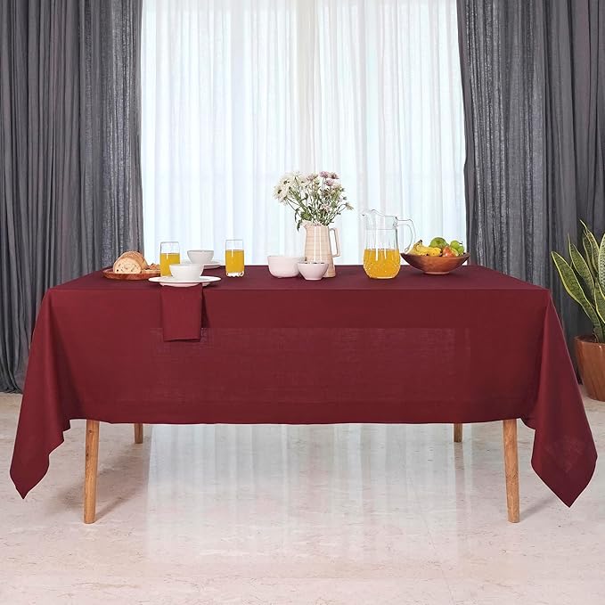 D'Moksha Homes Linen Tablecloth for Rectangle Tables 60 x 132 Inch - 100% Pure Linen Dark Red Table Cloth - Machine Washable Cloth Tablecloth for Winter, Holiday, New Year