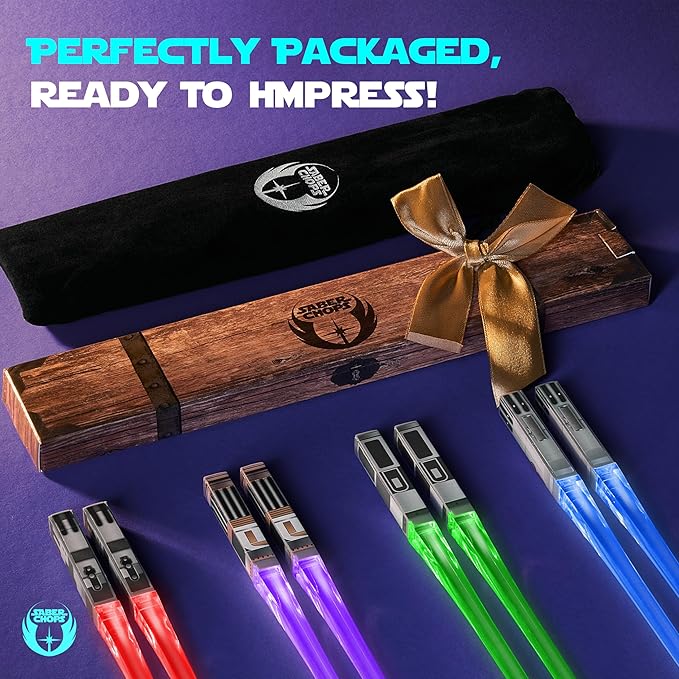 LIGHTSABER CHOPSTICKS LIGHT UP STAR WAR CHOPSTICK LED Glowing Light Saber Chop Sticks REUSABLE Sushi Sabers Cool Fun Geeky STARWAR Chop Stick Set Darth Red Green Blue Purple | 4 Pairs CASE GIFT BOX