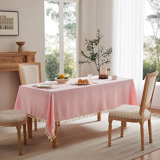 Linen Tablecloth with Tassels, Farmhouse Style Pink Tablecloth, Water Resistant Burlap Tablecloths for Square Table, 52x52 Inch Pink