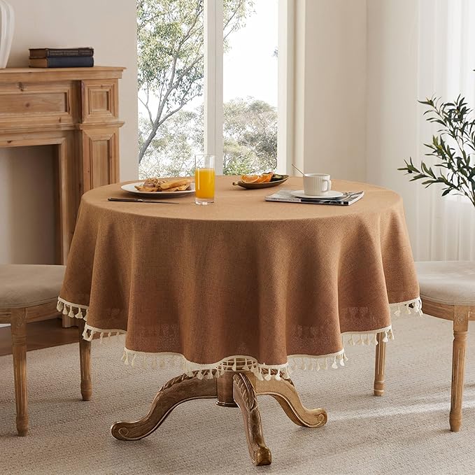 Linen Tablecloth with Tassels, Farmhouse Style Brown Tablecloth, Water Resistant Burlap Tablecloths for Round Table, 52 Inch Round Caramel
