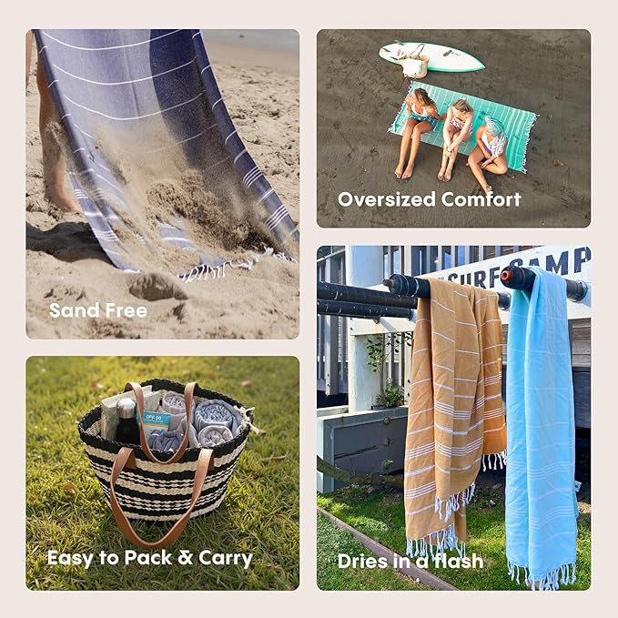 WETCAT Turkish Beach Towel Oversized (38"x71") 100% Turkish Cotton, Made in Turkey - Sand Free, Extra Large, Ultra Soft, Quick Drying, Compact & Lightweight for Travel - Navy Blue