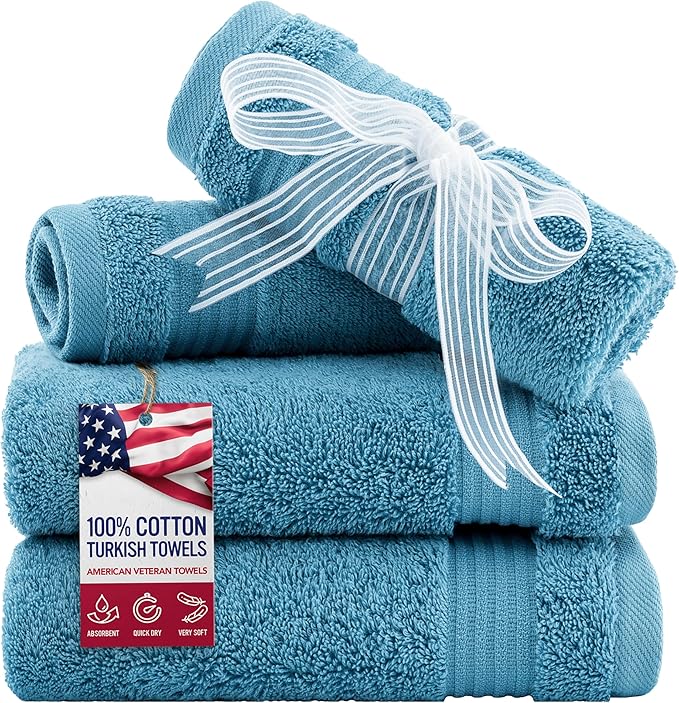American Veteran Towel, 100% Cotton Turkish Washcloths for Bathroom Essentials 4 Pack, Soft Absorbent Wash Cloths Quick Drying Small Towels Washrags, Sky Blue