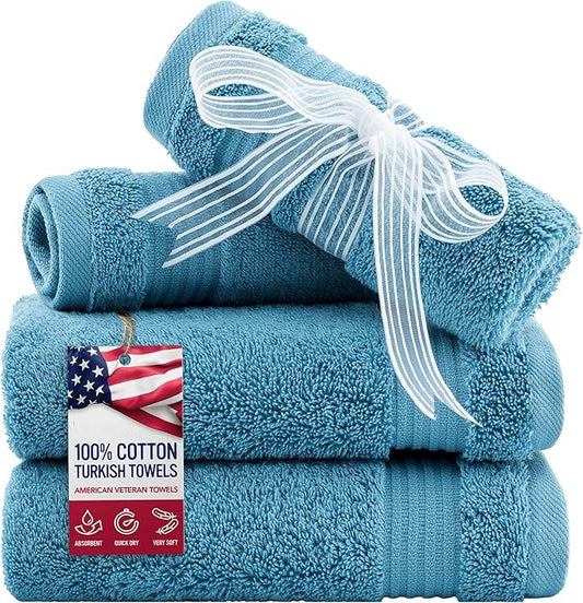 American Veteran Towel, 100% Cotton Turkish Washcloths for Bathroom Essentials 4 Pack, Soft Absorbent Wash Cloths Quick Drying Small Towels Washrags, Sky Blue