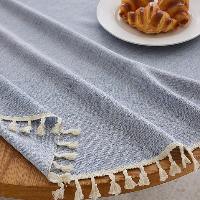 Linen Tablecloth with Tassels, Farmhouse Style Blue Tablecloth, Water Resistant Burlap Tablecloths for Round Table, 52 Inch Round Blue