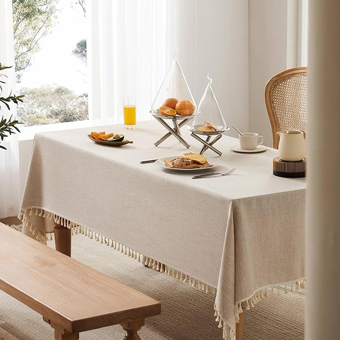 Linen Tablecloth with Tassels, Farmhouse Style Beige Tablecloth, Water Resistant Burlap Tablecloths for Square Table, 60x60 Inch Natural