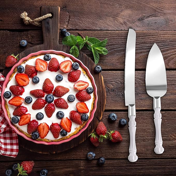 Homi styles White Elegant Cake Knife and Server Set, Cake Cutter and Pie Spatula, Cake Server and Knife Set of 2 with Thick Blades,Rustic Wedding Cake Cutting Set, Birthdays, Anniversaries,Parties