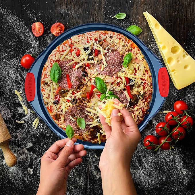 NutriChef 10-Piece Nonstick Bakeware Set - Premium Carbon Steel Baking Pans w/Silicone Handles - Includes Pizza Tray with Holes, 12 & 24 Cup Muffin Pans, Cookie Sheets, Round, Square & Loaf Pan - Blue