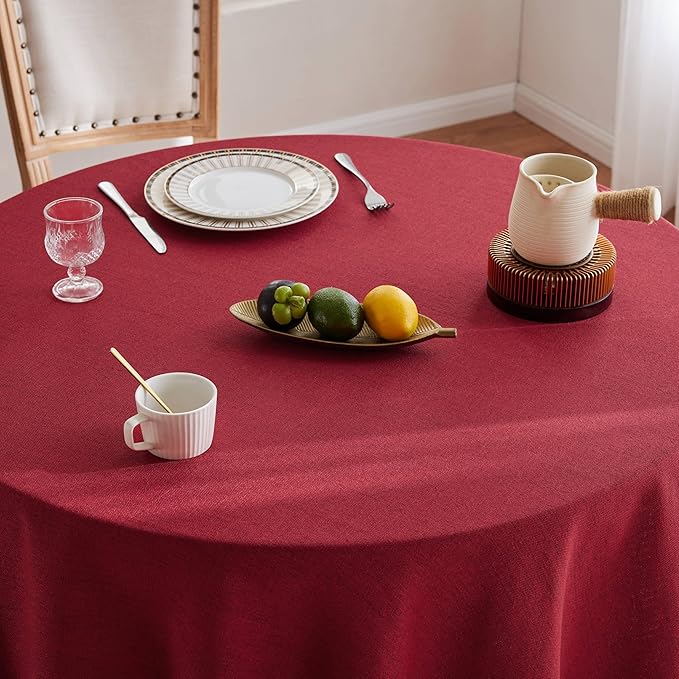 Linen Tablecloth with Tassels, Farmhouse Style Burgundy Tablecloth, Water Resistant Burlap Tablecloths for Round Table, 52 Inch Round Burgundy