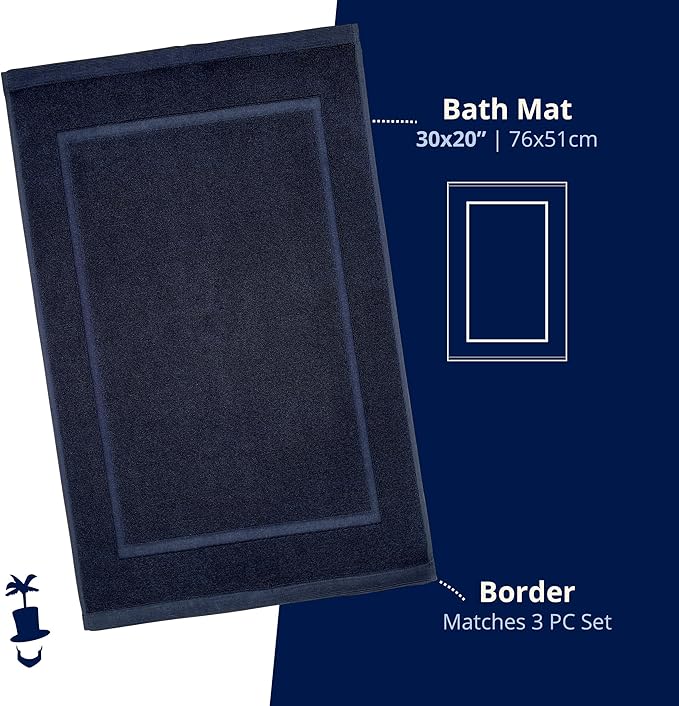 Lincoln & Palm 1-Piece Turkish Cotton Bath Mat - Soft, Plush, and Absorbent - 1000 GSM Thick Luxury Spa and Hotel Style - No Rubber Backing - Silver-Infused SILVERbac (1 Piece Bath Mat, Navy)