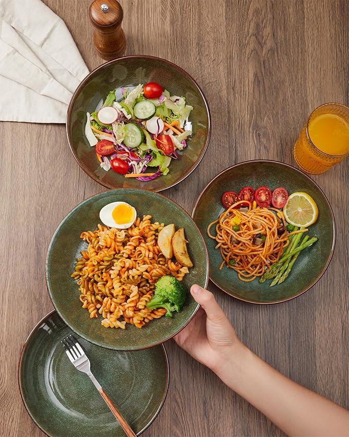 32 Piece Double Bowl Dinnerware Sets with Pasta Bowls, Highly Chip and Crack Resistant Plates and Bowls Sets, Natural Earthyware Ceramic Dishware Sets, Service for 8 Brown Green