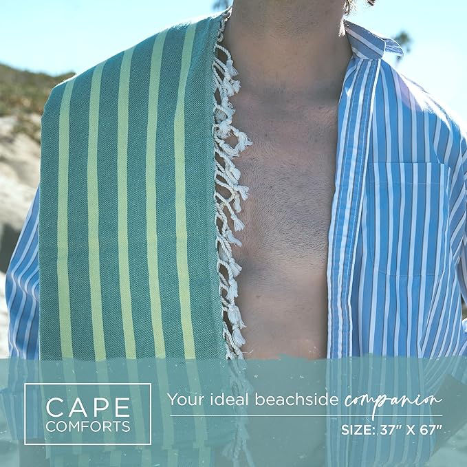 Large Turkish Beach Towel, Striped Kelly Green & Pistachio - 37'' x 67'' - Super Soft & Lightweight - Quick Dry Sand Free Travel Towels for Beach or Bath - Gifts
