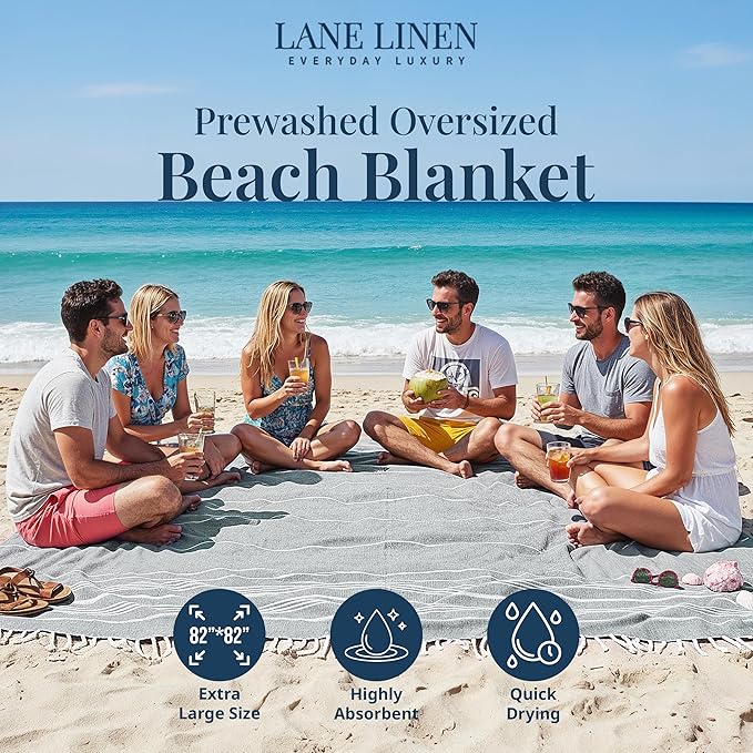 LANE LINEN Oversized Beach Towel - Large Outdoor Blanket with Soft Pre-Washed Finish – 82"x82", Ideal for Coastal Getaways, Backyard Lounging, Beach Party or Seaside Adventures – Grey