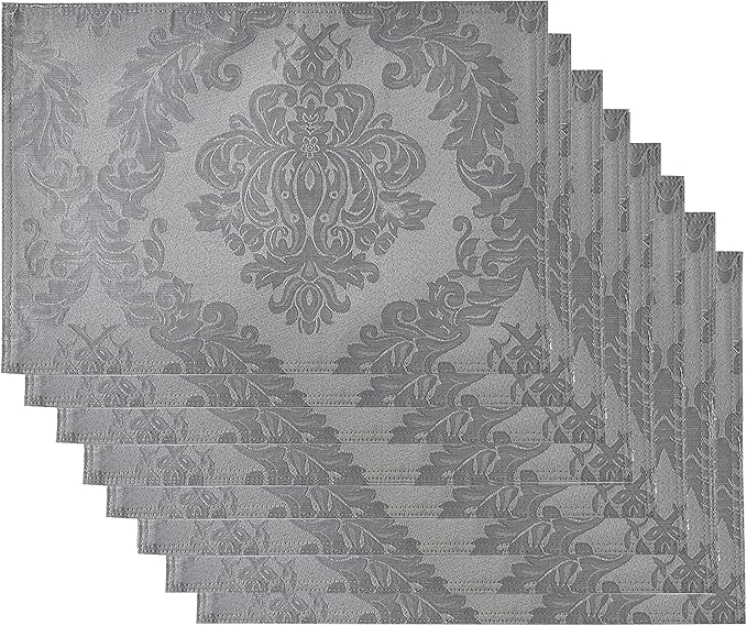 Place Mats Set of 8 – Rectangle Rectangular Waterproof Fabric Polyester Cloth Washable Wipeable Heat Resistant Placemats for Kitchen Dining Dinner Table Indoor 13 X 19 Inch Grey