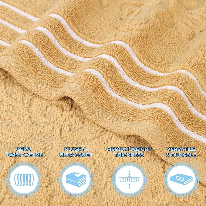 Superior Cotton Bath Towel Set, Large Plush Absorbent Body Towels, Luxury Soft Quick Drying, Shower, Spa, Hotel, Pool, Guest Bathroom, Home Essentials, Zero Twist, Assorted Design, Set of 4, Gold