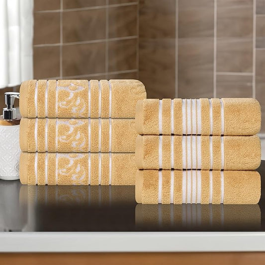 Superior Cotton Hand Towel Set, Small Towels, Plush Soft Absorbent Bathroom Basics, Home Essentials, Spa, Salon, Hotel, Kitchen, Luxury Quick Drying, Zero Twist, Assorted Design, Set of 6, Gold