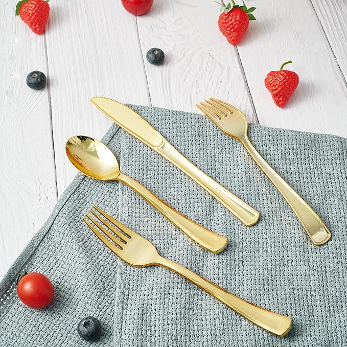 FOCUSLINE 300 Pack 6.8" Disposable Gold Plastic Spoons, Solid and Durable Plastic Cutlery Spoons, Heavy Duty Disposable Utensil Silverware for Catering, Parties, Dinners, Weddings