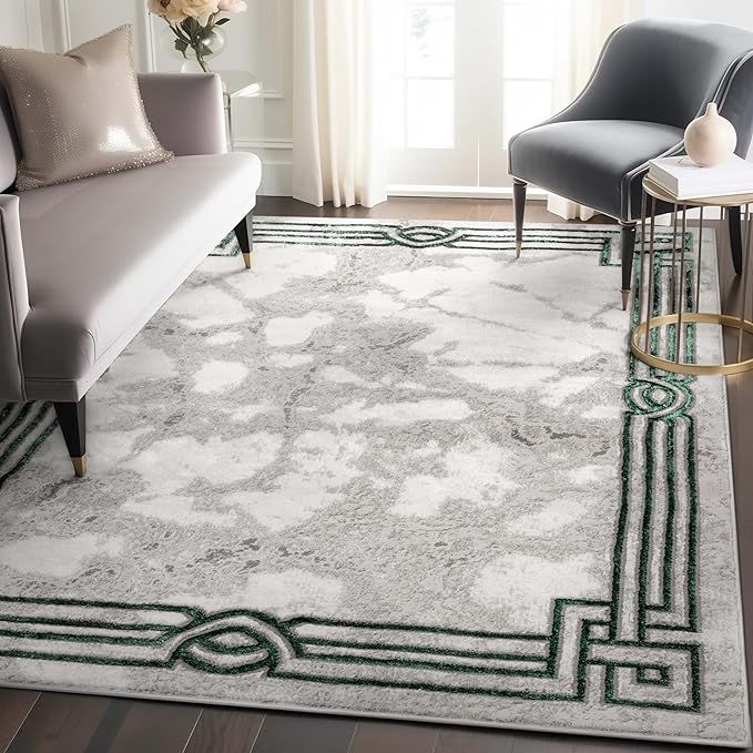 Well Woven Lezlee Abstract Modern 6'7" x 9'3" Area Rug - Emerald Green Marble Border - for Living Room, Dining Room, Bedroom