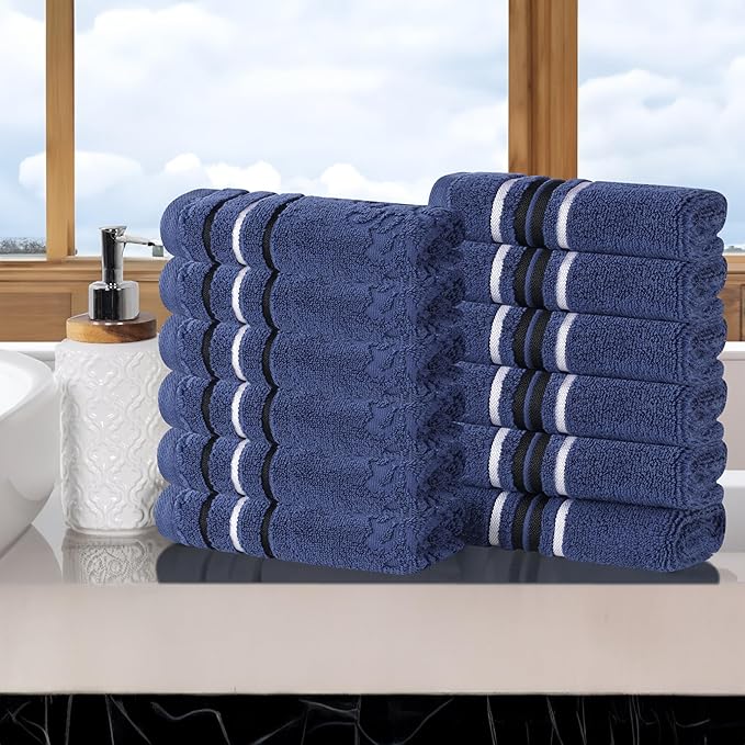 Superior Cotton Face Towel/Washcloth Set, Small Facial Towels, Spa, Hotel, Guest, Home, Bathroom Basics, Plush Soft Absorbent, Luxury Quick Drying, Zero Twist, Assorted Floral Set of 12, Navy Blue