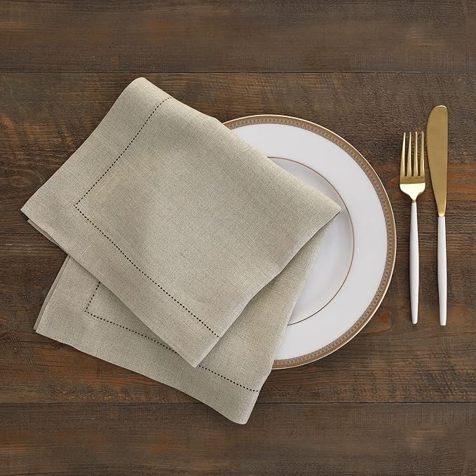 Solino Home Natural Linen Napkins Set of 6-100% Pure Linen Hemstitch Dinner Napkins 20 x 20 Inch for Holiday, New Year - Classic Hemstitch
