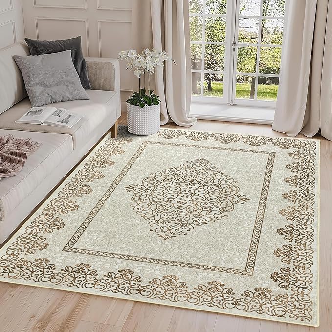 Easy-Going Large Area Rug 8x10 Washable Boho Neutral Rug for Living Room Non-Slip Bedroom Rugs Low Pile Lightweight Floral Brown Print Vintage Throw Rug for Dining Room Kitchen Home Office Carpet