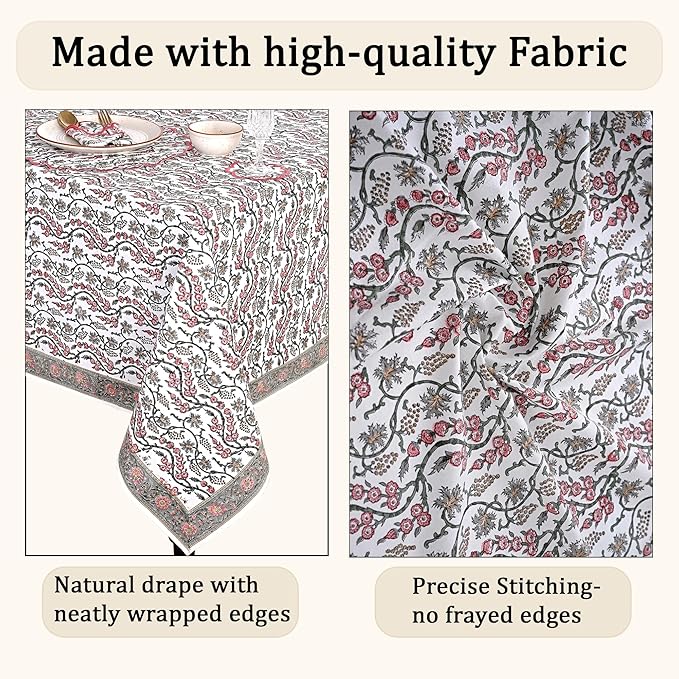 Ridhi Coral Pink Hand Block Print Cotton Rectangle Tablecloth 90" x 60" inches Reusable Table Cover Decorative Everyday Use for Dining, Farmhouse, Home, Party, Festive, Wedding, Fall