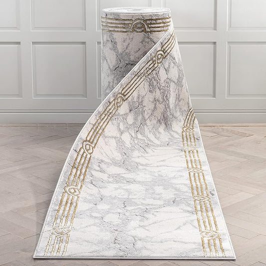 Well Woven Custom Size Hallway Stair Runner - Made-to-Measure - Fairmont Collection Lezlee Ivory Gold Abstract Marble Border 2x10 (2'2" x 10' Runner)
