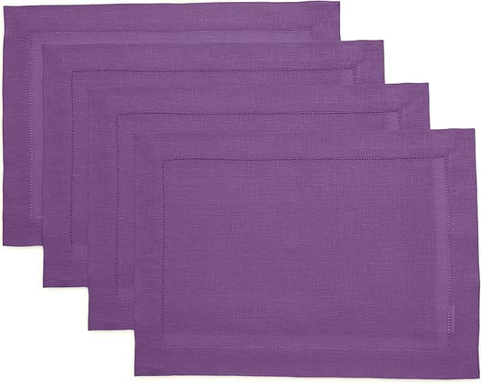 Solino Home Linen Placemats Set of 4 - Classic Hemstitch Purple Placemats 14 x 19 Inch - 100% Pure Linen Table Mats for Winter, Holiday, Valentines, New Year