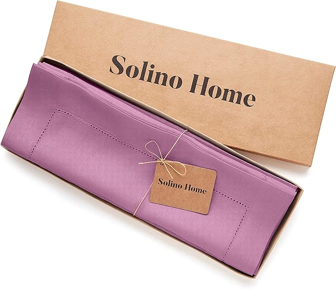 Solino Home Linen Cloth Placemats Set of 4-100% Pure Linen Hemstitch Violet Placemats 14 x 19 Inch - Classic Hemstitch Table Place Mats for Valentines