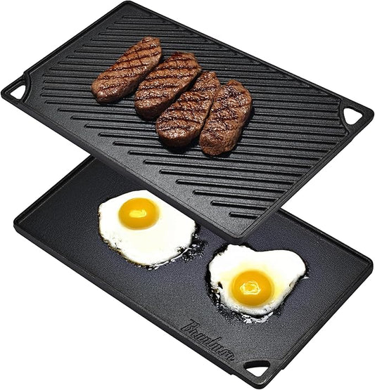 Bruntmor 2-in-1 Reversible Grill Plate - Pre-Seasoned Cast Iron Griddle Pan for Gas Stovetop, Oven, or Open Fire - 17x10-Inch Rectangular Double Sided Flat Pan for Camping, Roasting, and Grilling