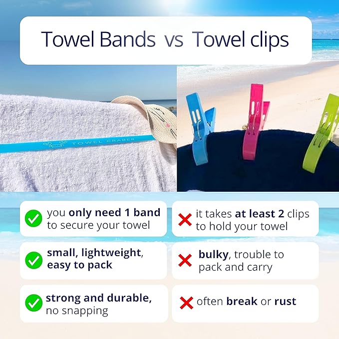 Towel Bands (6-Pack), Beach, Pool & Cruise Chairs, Extra Durable, No Snapping, Cruise Ship & Beach Essentials, Great Alternative to Beach Towel Clips
