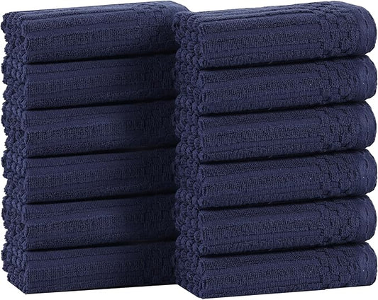Superior Cotton Face Towel/Washcloth Set of 12, Daily Use for Bathroom, Guest Bath, Quick Dry Small Towels, Face, Hand, Gym, Spa, Hotel, Absorbent, Essentials, Ribbed, Soho Collection, Navy Blue