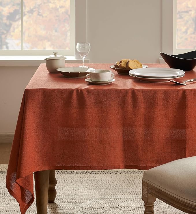 Linen Tablecloth for Rectangle Table, 60x120 Inch Orange, Farmhouse Style Burnt Orange Tablecloth, Water Resistant Burlap Tablecloths for Dining Table Farmhouse Kitchen