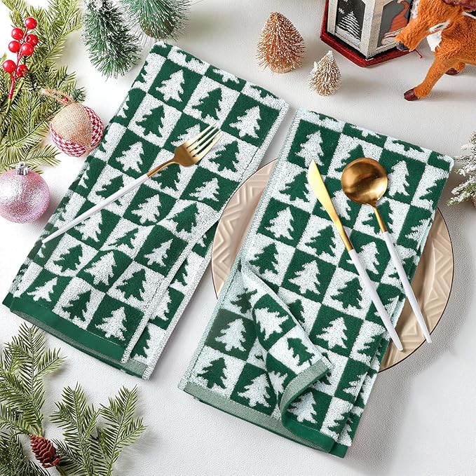 Jacquotha Christmas Hand Towels Set - 4-Piece Green Checkered & Tree Towels for Bathroom Kitchen Decor, Holiday Winter Cheer, Cotton, 13” x 29”