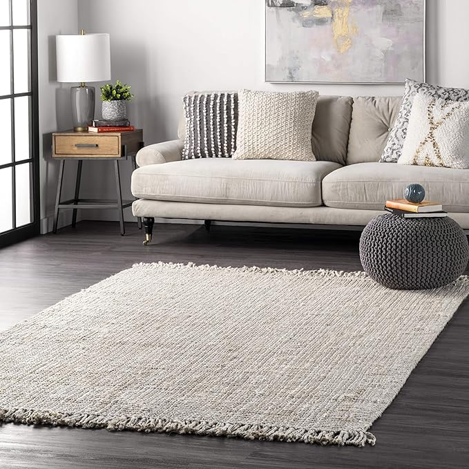 Nuloom Daniela Off-White, 8' Square, Handmade, Jute, Tassel, Soft and Textured, High Traffic, Stain Resistant, Easy Clean, Durable Area Rug for Bedroom, Living Room, Dining Space, Foyer, Entryway