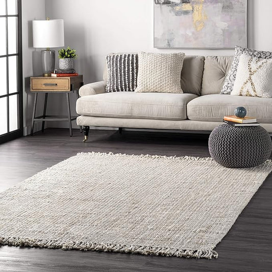 Nuloom Daniela Off-White, 8' Square, Handmade, Jute, Tassel, Soft and Textured, High Traffic, Stain Resistant, Easy Clean, Durable Area Rug for Bedroom, Living Room, Dining Space, Foyer, Entryway