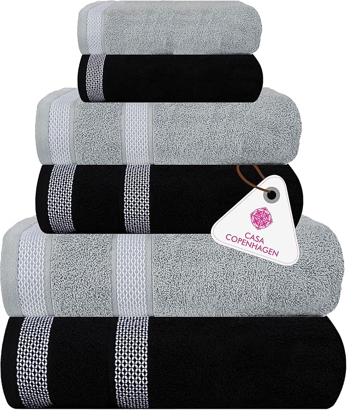 CASA COPENHAGEN Solitaire Mix 6 Pieces Towel Set- Grey Violet + Black, 600 GSM 2Bath Towel 2Hand Towel 2Washcloth, Designed in Denmark Made of Soft Egyptian Cotton for Bathroom, Kitchen & Shower