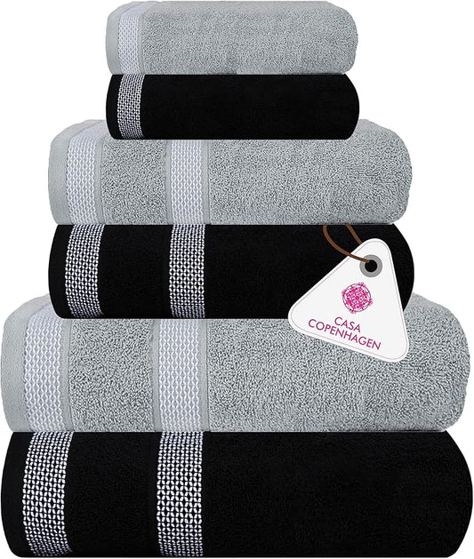 CASA COPENHAGEN Solitaire Mix 6 Pieces Towel Set- Grey Violet + Black, 600 GSM 2Bath Towel 2Hand Towel 2Washcloth, Designed in Denmark Made of Soft Egyptian Cotton for Bathroom, Kitchen & Shower