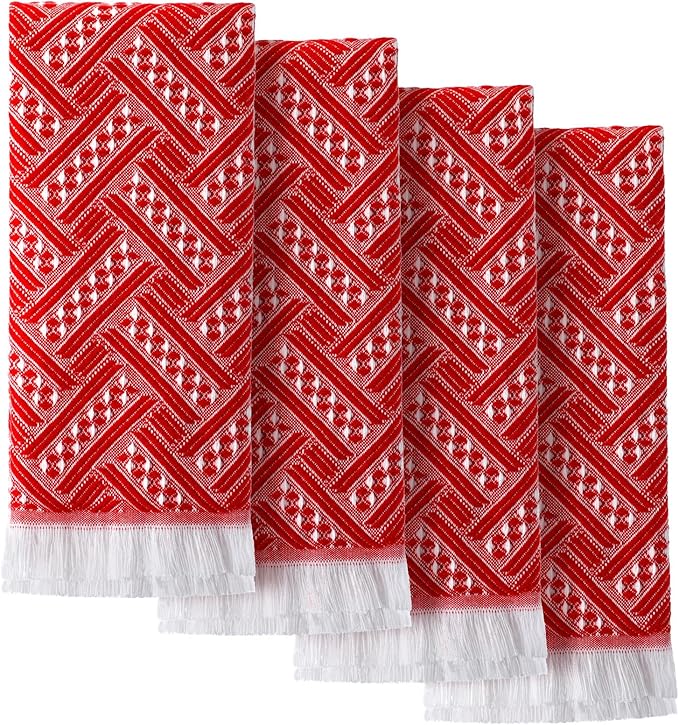 4 Pack Boho Bathroom Hand Towel 14 x 30 Inch 100% Turkish Cotton Decorative Boho Kitchen Hand Towel Farmhouse Bathroom Decor Set Absorbent Soft Guest Tea Gift(Red,White)