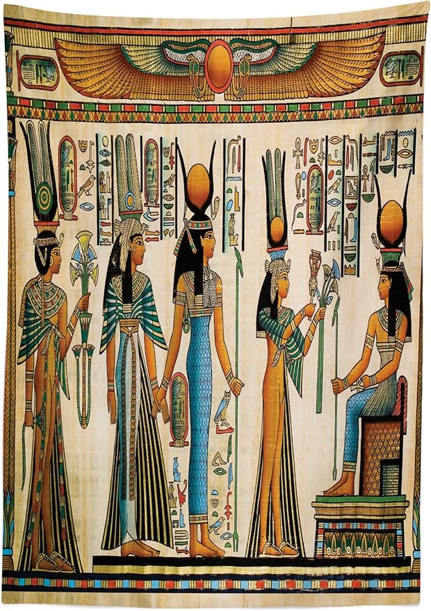 Ambesonne Egyptian Print Tablecloth, Egyptian Papyrus Depicting Queen Nefertari Making an Offering to Isis Image, Rectangular Table Cover for Dining Room Kitchen Decor, 60" X 90", Teal Orange